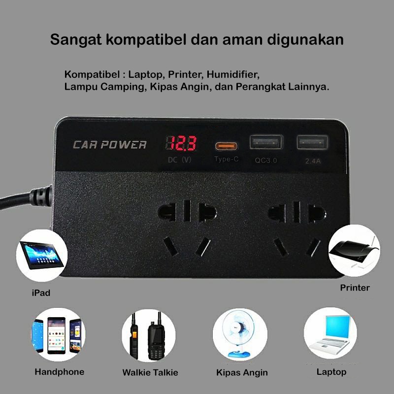 CAR POWER INVERTER UNIVERSAL MULTI-FUNCTION DC 12V &amp; 24V TO AC 220V 200W WITH LCD DISPLAY / INVERTER MOBIL MULTIFUNGSI PLUG &amp; USB CHARGER QC3.0 / 2.4A / TYPE-C