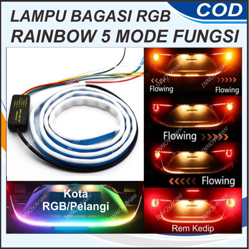 LAMPU LED BAGASI RGB BELAKANG MOBIL STROB0 METEOR 5 FUNGSI 120CM 12V: KOTA RAINBOW PELANGI REM KEDIP