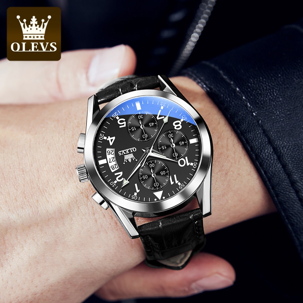 OLEVS Jam Tangan Pria Original Anti Air Kulit Tahan Keren Luminous Hitam Coklat Luxury Chronograph Watch Men Multifungsi