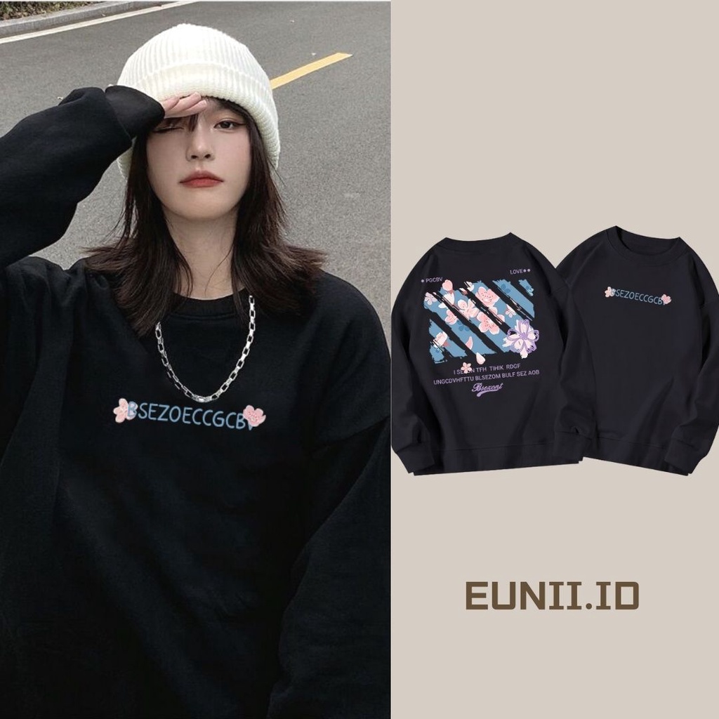 EUNII Sweater Lengan Panjang The Cherry Blossom Korean Style/Hoodie Oversize/Baju Wanita/Switer Wanita