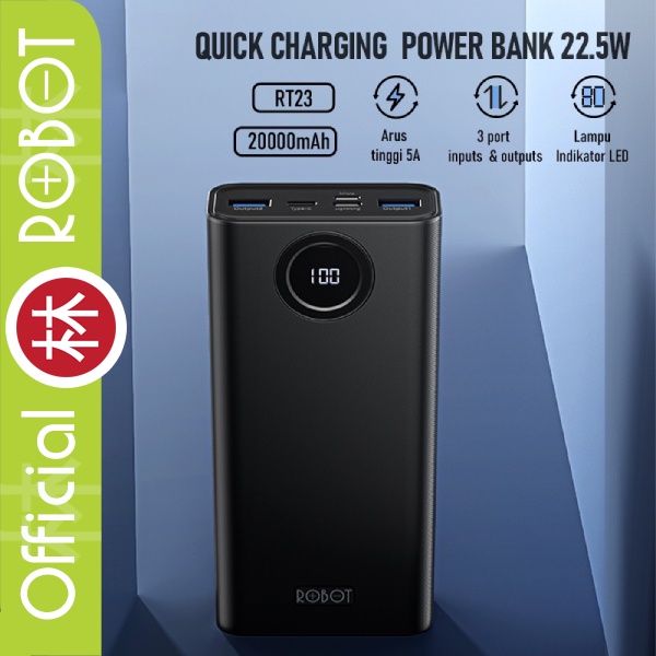 Robot RT23 20000mAh Powerbank 22.5W LED 3 Port Quick Charge PD QC3.0