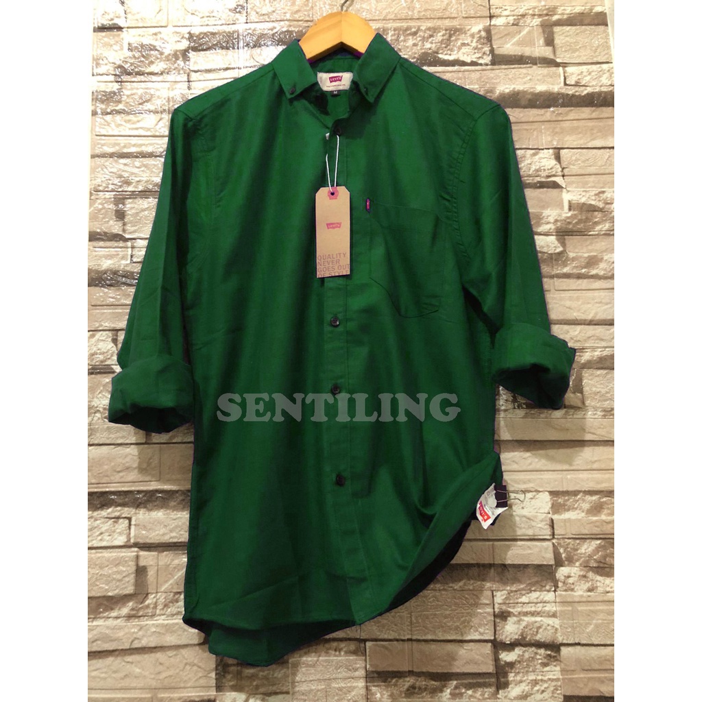 Terwuwu kemeja panjang pria cowok gatlemen cowok biru navy dongker polos formal kantor-Hijau Botol