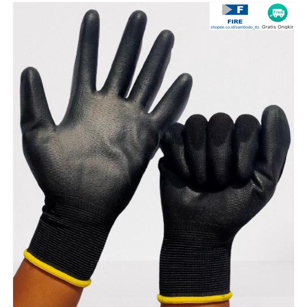 Sarung Tangan Ukuran S,M, L, XL Proyek Satpam Anti Slip Hitam Black Hand Gloves Mekanik Montir Berkebun Tukang Telapak Tangan dilapisi karet Bahan Nylon Polyester Elektronik Assembly Static Multi Purpose Polyurethane Kerja