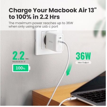 Kepala Charger 36 watt PD  MFI Qualcomm Quick Charge 3.0 2 Ports 2 Colokan Type-c Usb C Ugreen Kepala Adaptor Wall Charger