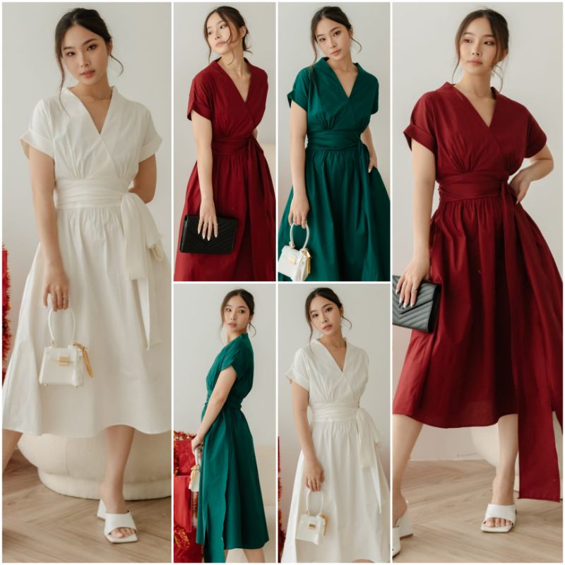 ❣️ SPECIAL PRICE ♡ PREMIUM ♡ ORIGINAL ! NOELLA VINTAGE PLAIN V-NECK KIMONO OBI TIED MIDI FLARE DRESS