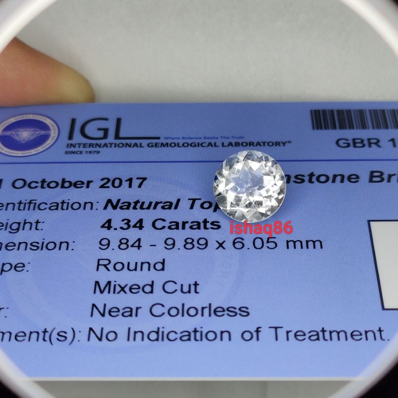 NATURAL COLORLESS WHITE TOPAZ PUTIH MEMO IGL 9395