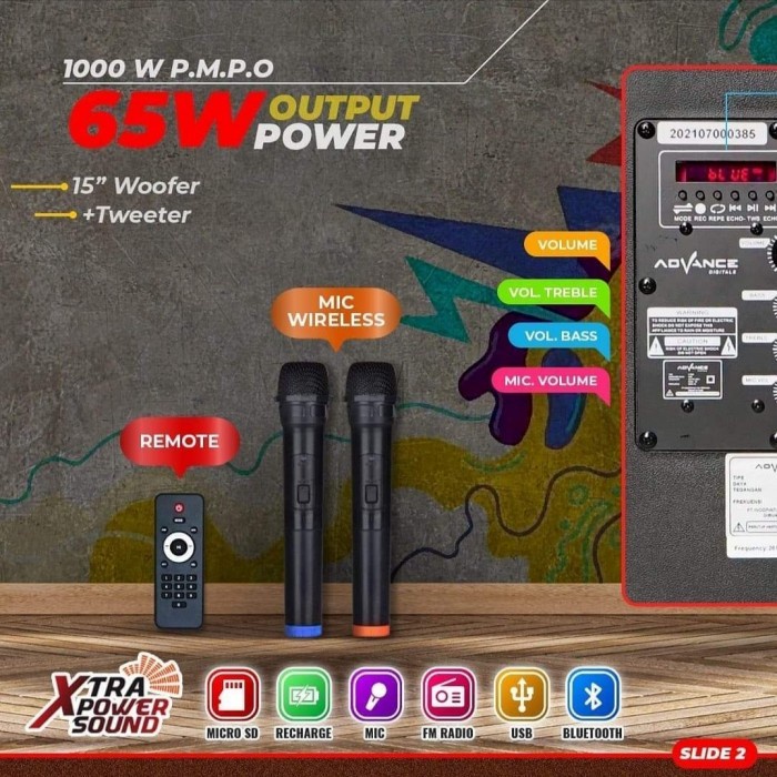 SPEAKER ADVANCE PORTABLE K-1503 K1503 BLUETOOTH 15 INCH KOPER + 2 MIC WIRELESS GARANSI RESMI