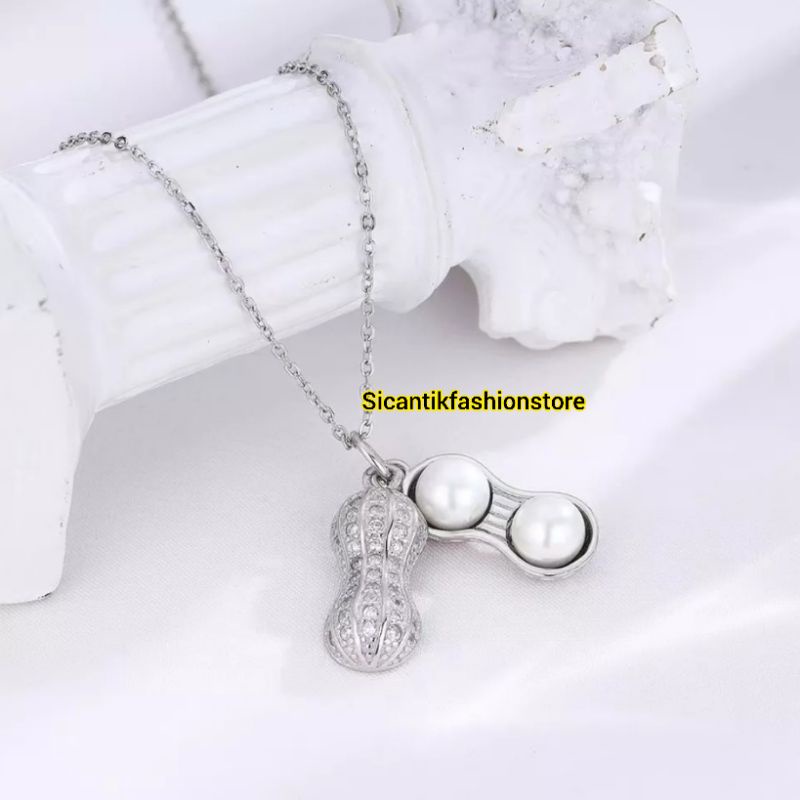 Kalung Titanium Wanita Liontin Kacang Mutiara Terbaru Terlaris Anti Karat Selamanya Kalung Wanita Liontin Perak Silver 925 Motif Kacang Kalung Wanita Korea Liontin Mutiara Kekinian Mewah Liontin Kacang Silver