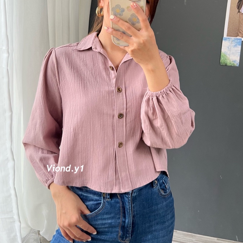 Atasan Wanita Korea Crop / Kemeja Linen Polos / Shirt Lengan Panjang / Blouse Longshirt E09