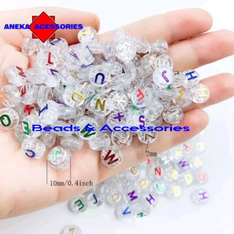 MANIK MANIK HURUF 10MM BULAT PIPIH TRANSPARANT