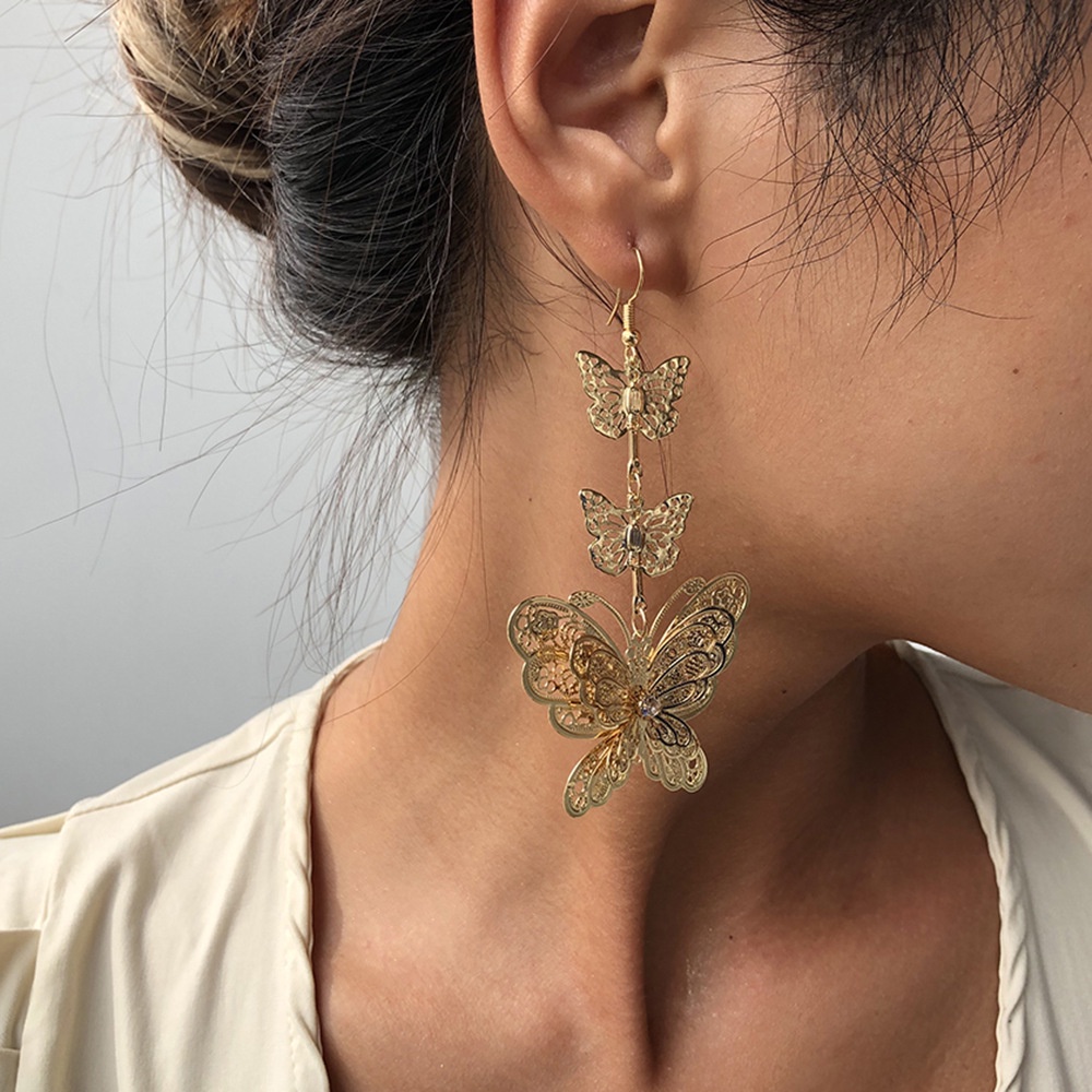 Anting Panjang Bentuk Kupu-Kupu Tiga Lapis Gaya Korea Untuk Wanita Butterfly