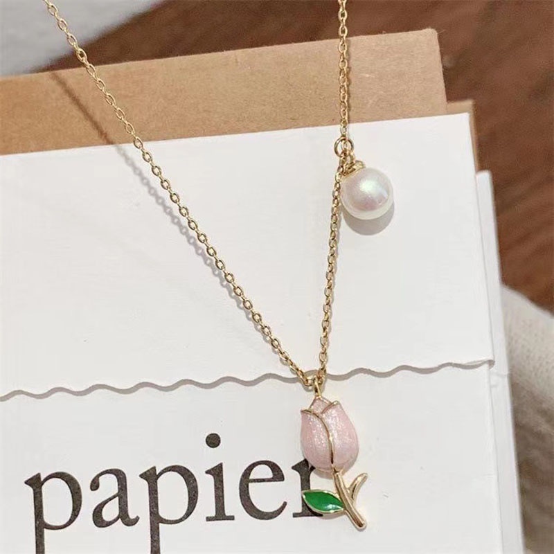 Kalung Mutiara Bentuk Tulip Warna Pink