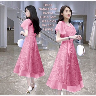 Dress Wanita Midi Model Terbaru Kondangan/Formal Matt Brokat/Dress Natalie Size L-XL-XXL/Dress Pesta Dan Acara Natalan Wanita Kekinian Viral