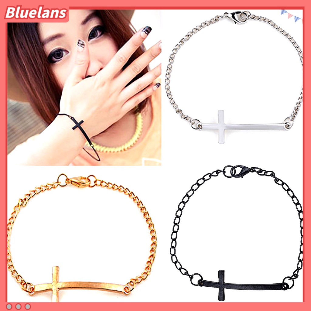 bluelans_Gelang Fashion Korea Gaya Simpel Bahan Logam Dengan Hiasan Salib 3 Warna Perak Emas Hitam