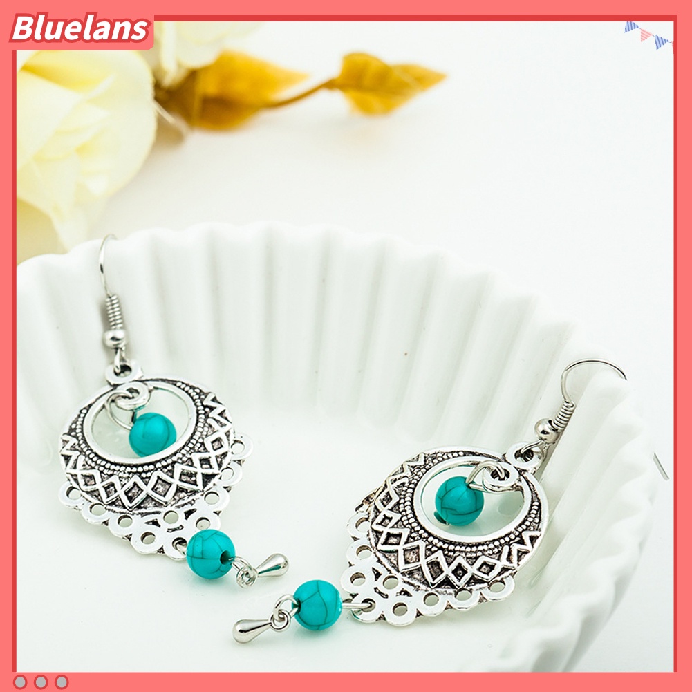 Bluelans Boho Women Turquoise Bead Dangle Hollow Charm Hook Earrings Wedding Jewelry