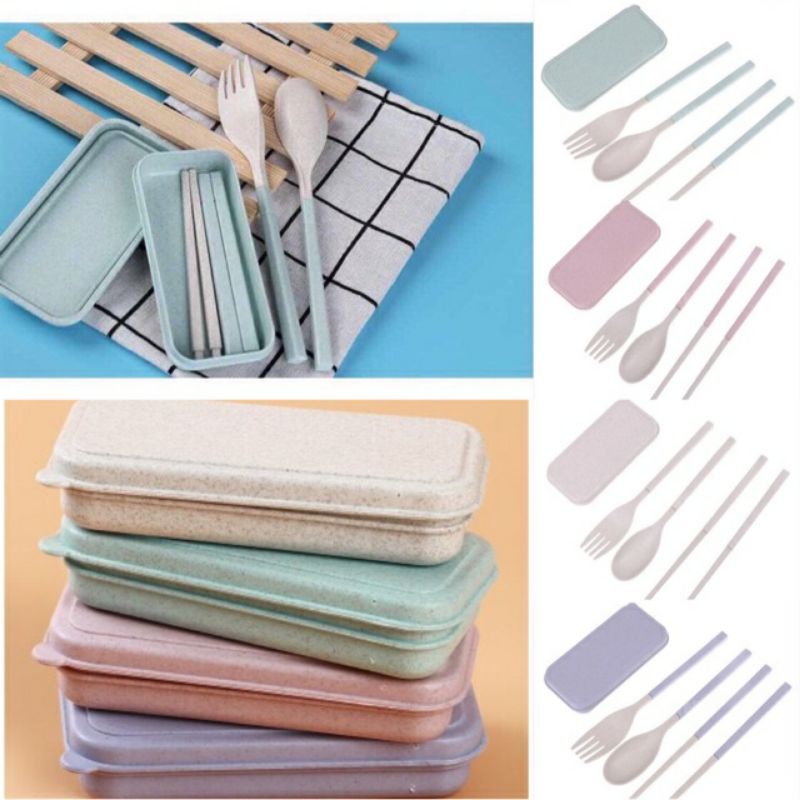 Set Alat Makan Jerami Lipat Cutlery Portable Sendok Garpu Sumpit Box Travel