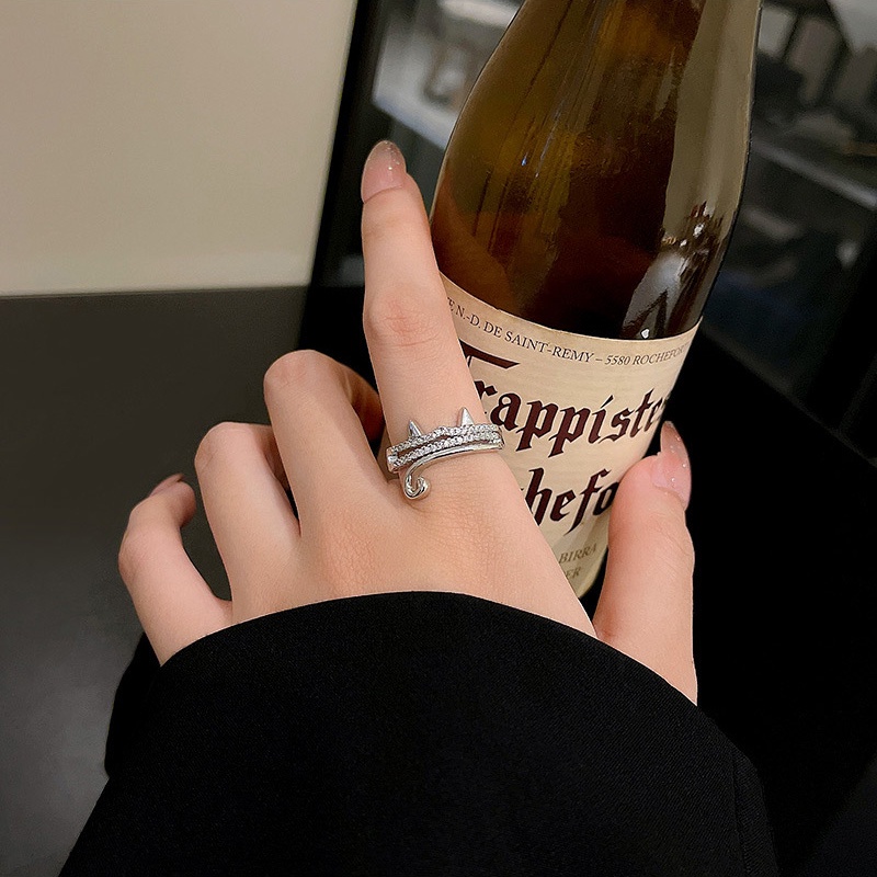 Cincin Jari Telunjuk Silver Desain Kucing Lucu Hias Zircon Untuk Wanita