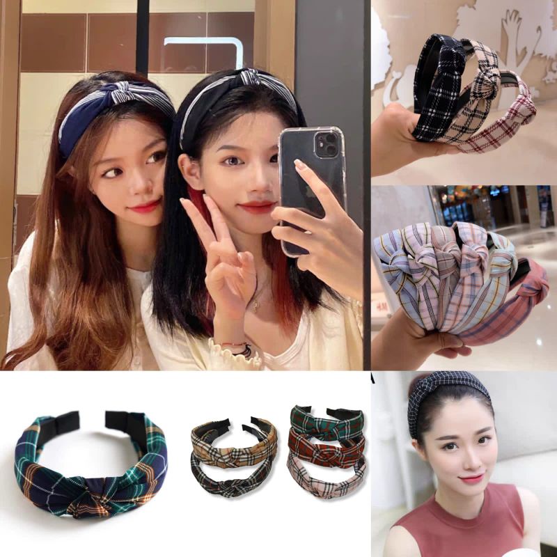 Bando Korea Motif Garis Kotak Brand GC Lebar 4cm Bando Simpul Wanita Bandana Frame Motif Garis Headband