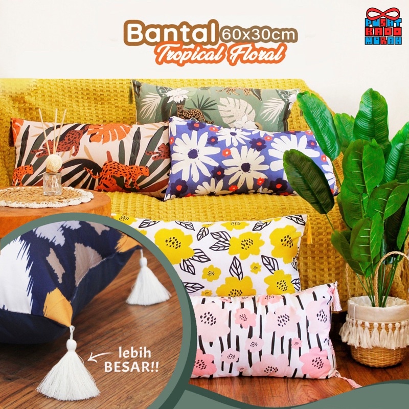 Bantal Sofa 60x30 cm Print dengan Tassel Gantung Motif Vintage Tropical Floral Premium Dekorasi Flower Bird Leopard - Pusat Kado Murah