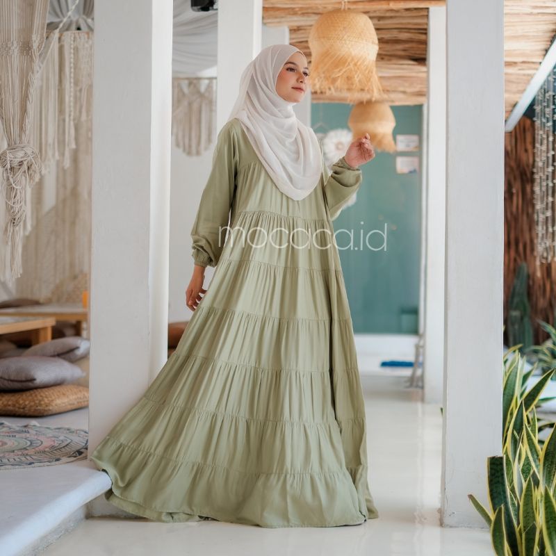 dress premium 7 susun hijau sage matcha pastel busui sleting bisa untuk prewed pre wedding lengan wudhu friendly flare flowy adem super lebar