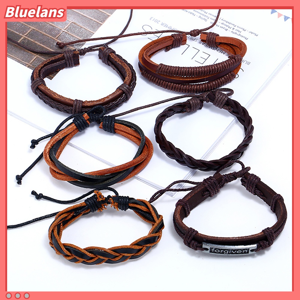 6pcs / Set Gelang Multilayer Bahan Kulit Imitasi Handmade Gaya Vintage Punk Untuk Pria