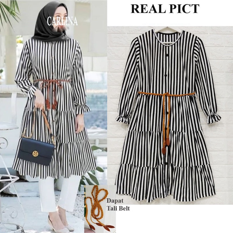 CARLINA Tunik Dress Wanita Salur Free Belt Terlaris