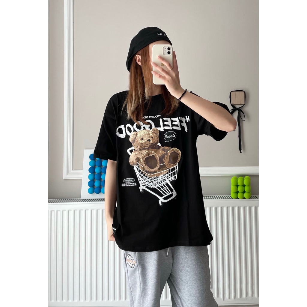 EUNII T-shirt Lengan Pendek Imut Kereta Belanja Beruang Pencetakan Longgar Korean Style/Kaos Atasan Wanita/Baju Kaus Oversize Wanita