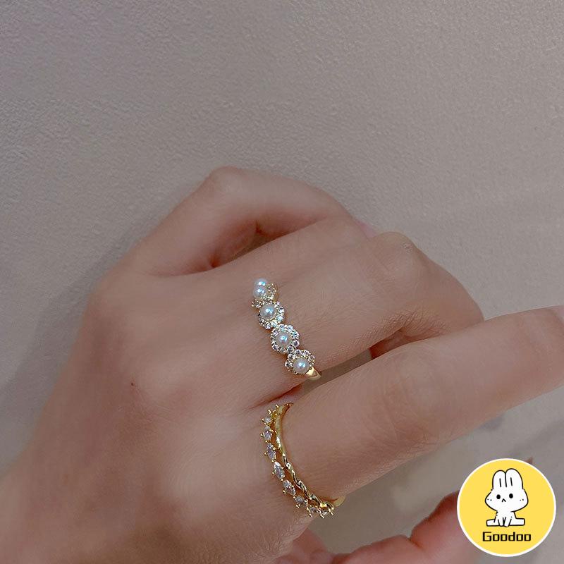 Double-layer Retro Pearl Diamond Ring Niche Light Desain Mewah Cincin Dapat Disesuaikan Terbuka -Doo