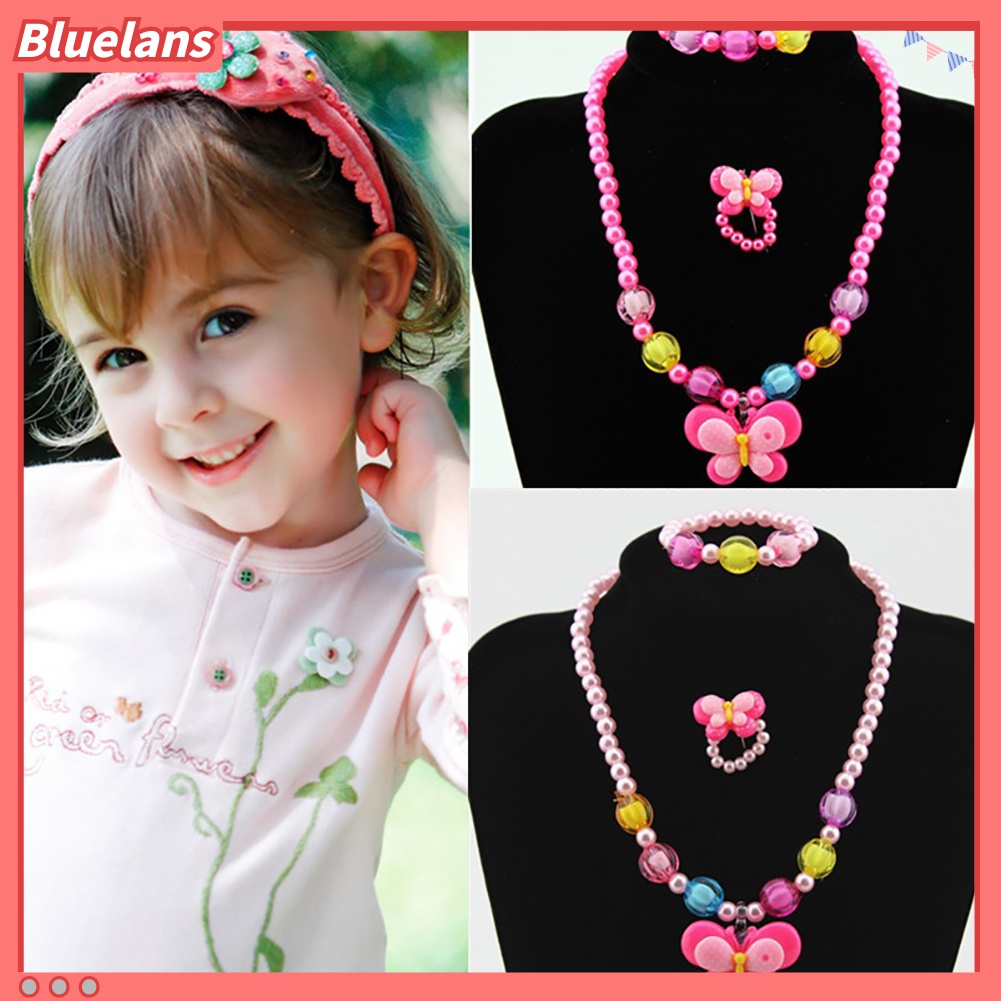 Bluelans 3Pcs / Set Perhiasan Kalung Gelang Cincin Manik-Manik Kupu-Kupu Bebek Kuning Untuk Anak Perempuan