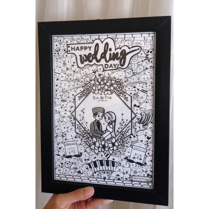 DOODLE ART WEDDING CUSTOM 02 TANPA VARIASI FOTO, FRAME MINIMALIS (UKURAN 25x30CM, 25x35CM & 30x40CM 