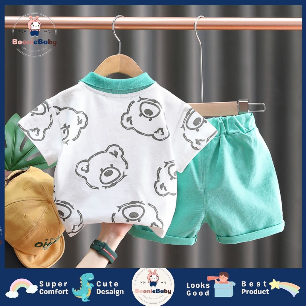 boonie COD setelan baju anak laki laki import motif beruang setelan anak laki import baju anak cowok import fashion anak laki laki impor motif PAPIBEAR GREEN white