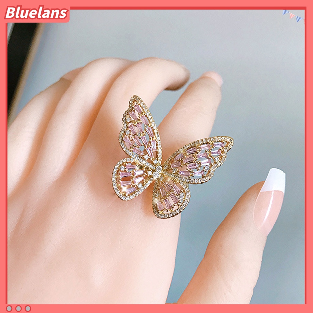 Cincin Model Terbuka Desain Kupu-Kupu Hollow Aksen Berlian Imitasi Untuk Wanita