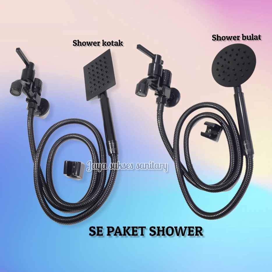 Paket Hand shower KOTAK &amp; BULAT Stainless SUS 304 HITAM Handshower mandi set semprotan sower mandi dan kran COMBO BLACK