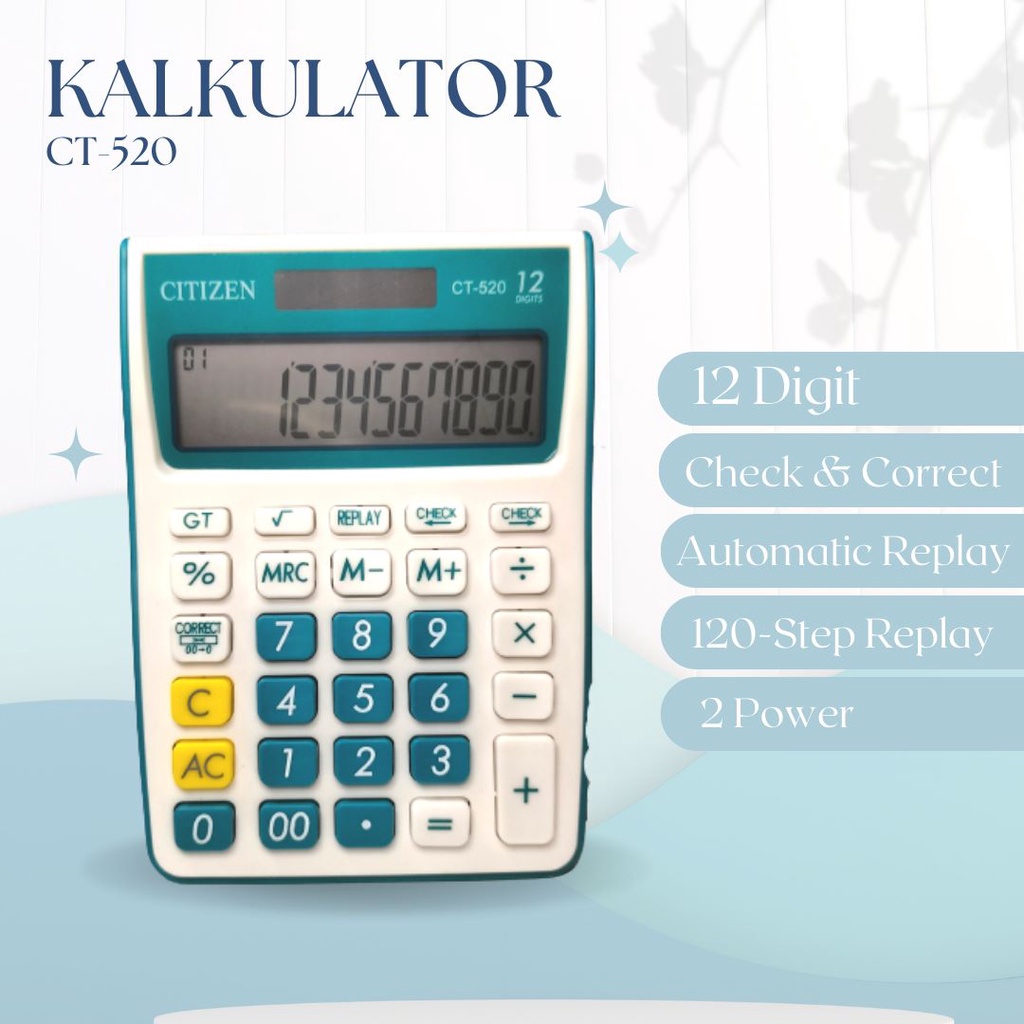 KALKULATOR CITIZEN CT - 520 WARNA 12 DIGIT CHECK CORRECT MANIS COLOUR