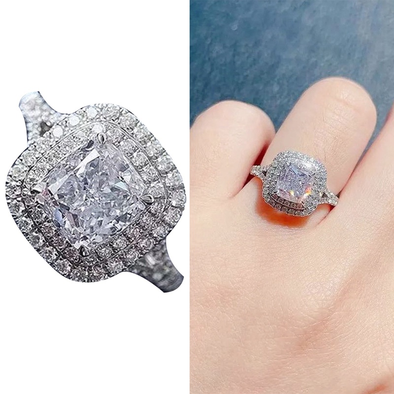 Fancyqube Cincin Pernikahan Warna Silver Bentuk Potongan Bantal Bahan Cubic Zirconia Untuk Wanita