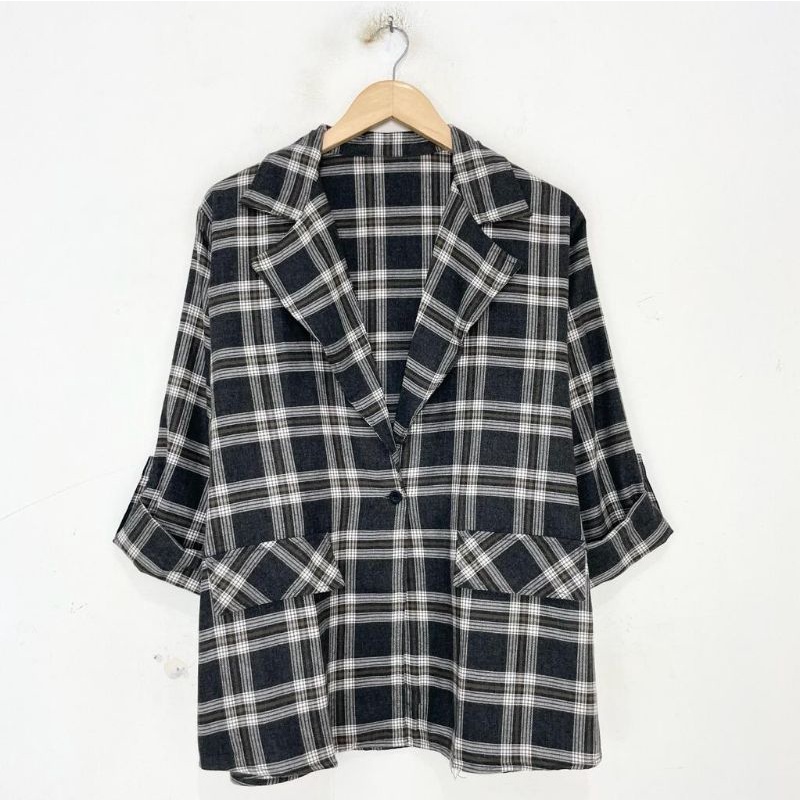 blazer wanita motif kotak kotak bahan flanel