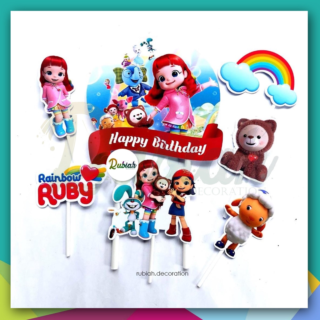 Jual Topper Cake Rainbow Ruby 1 set / Hiasan kue ulang tahun Happy