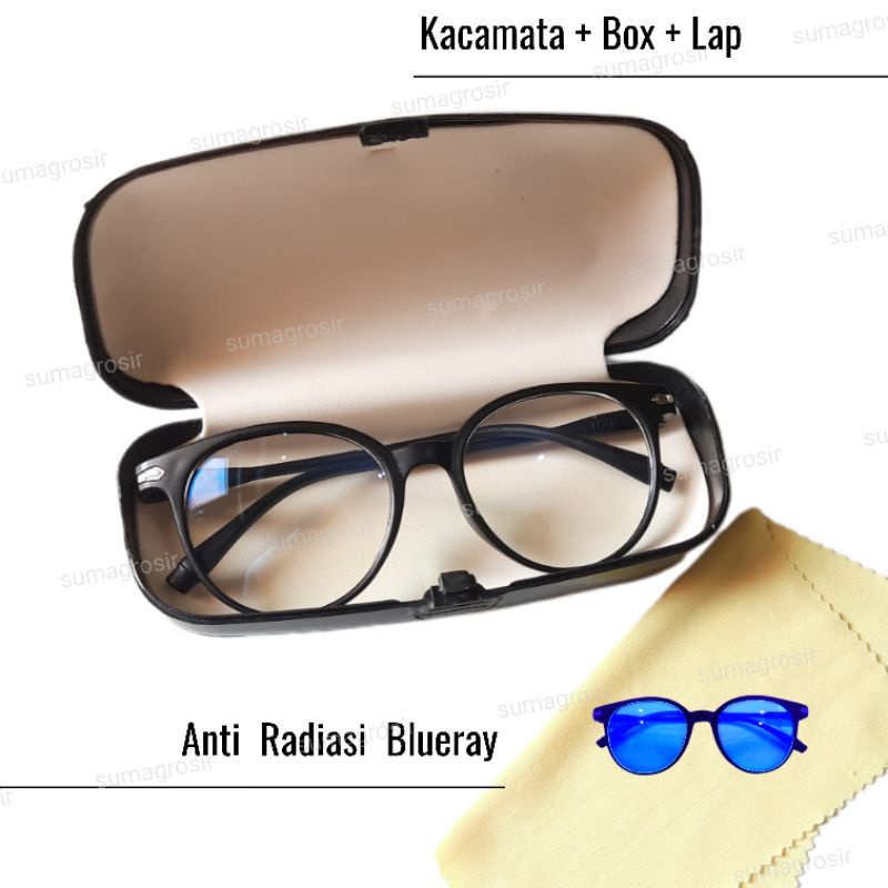 Kacamata + Kotak + Lap (ANTI RADIASI BLUERAY 100%) Frame Pria Wanita Oval