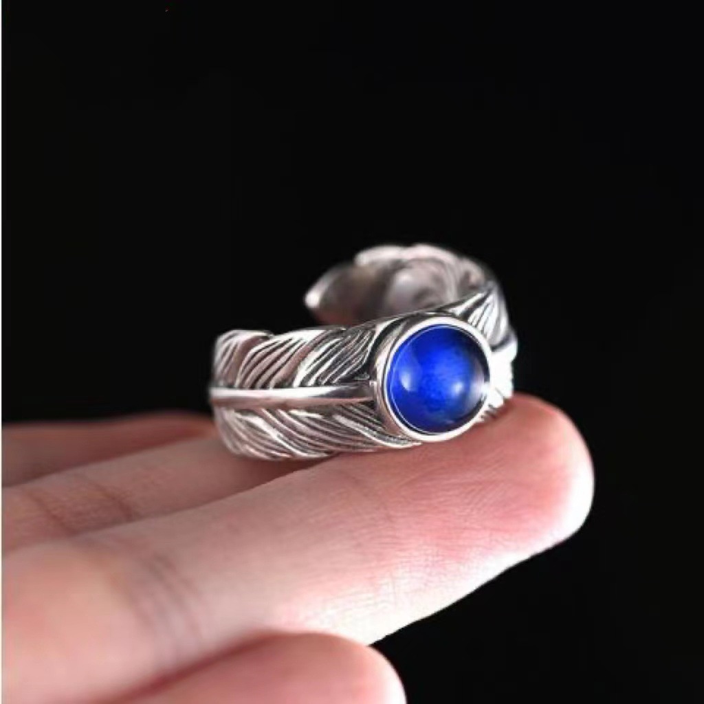 Cincin Model Terbuka Desain Bulu Sapphire Gaya Vintage Indian Untuk Pria Dan Wanita