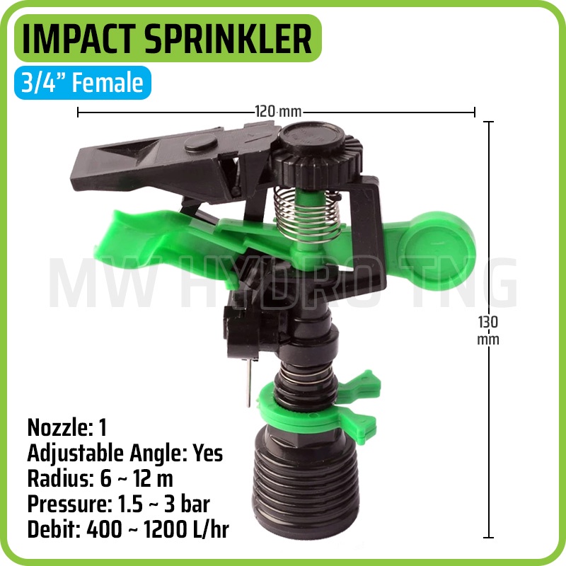 Impact Sprinkler 3/4&quot; Female - 1 Nozzle - 360° Adjustable Rotation Angle