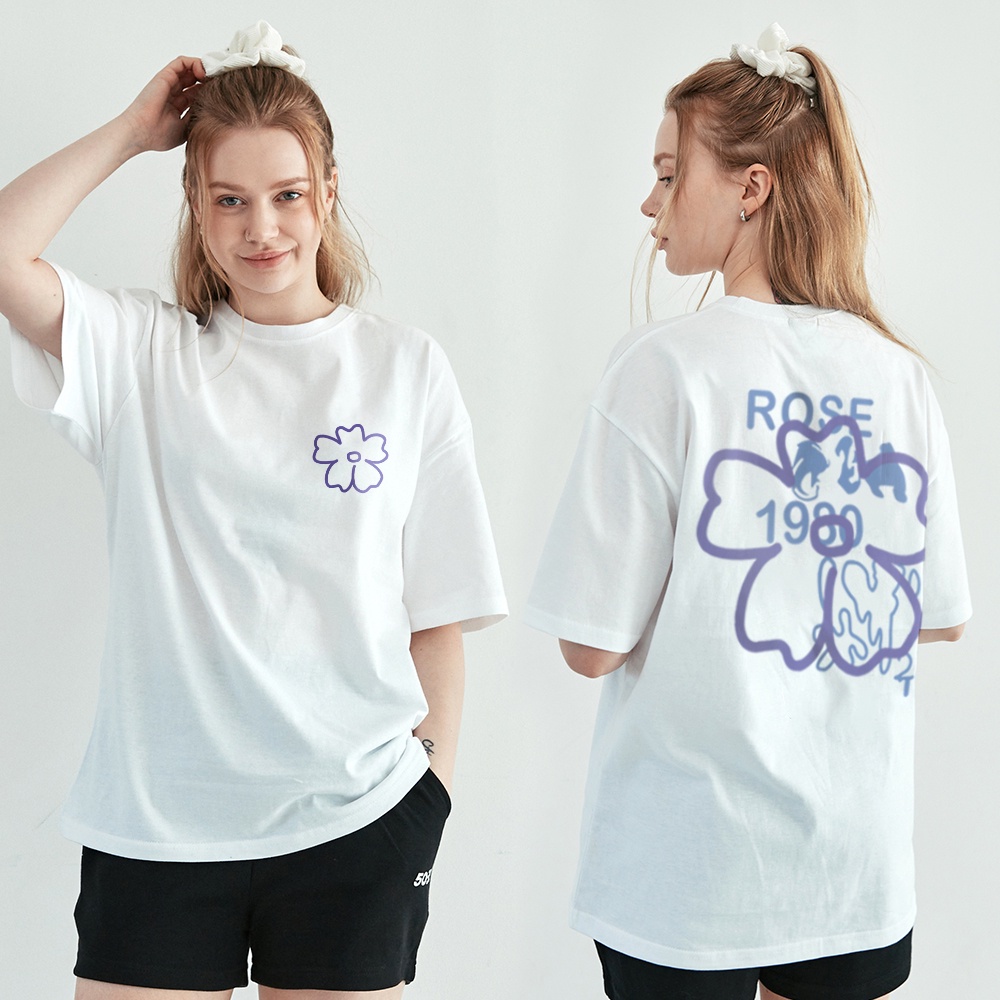 Baju Atasan Wanita/Letter Flowers Printed Oversize T-shirt/Kaos Putih/Korean Style Lengan Pendek Terbaru Kaos Wanita