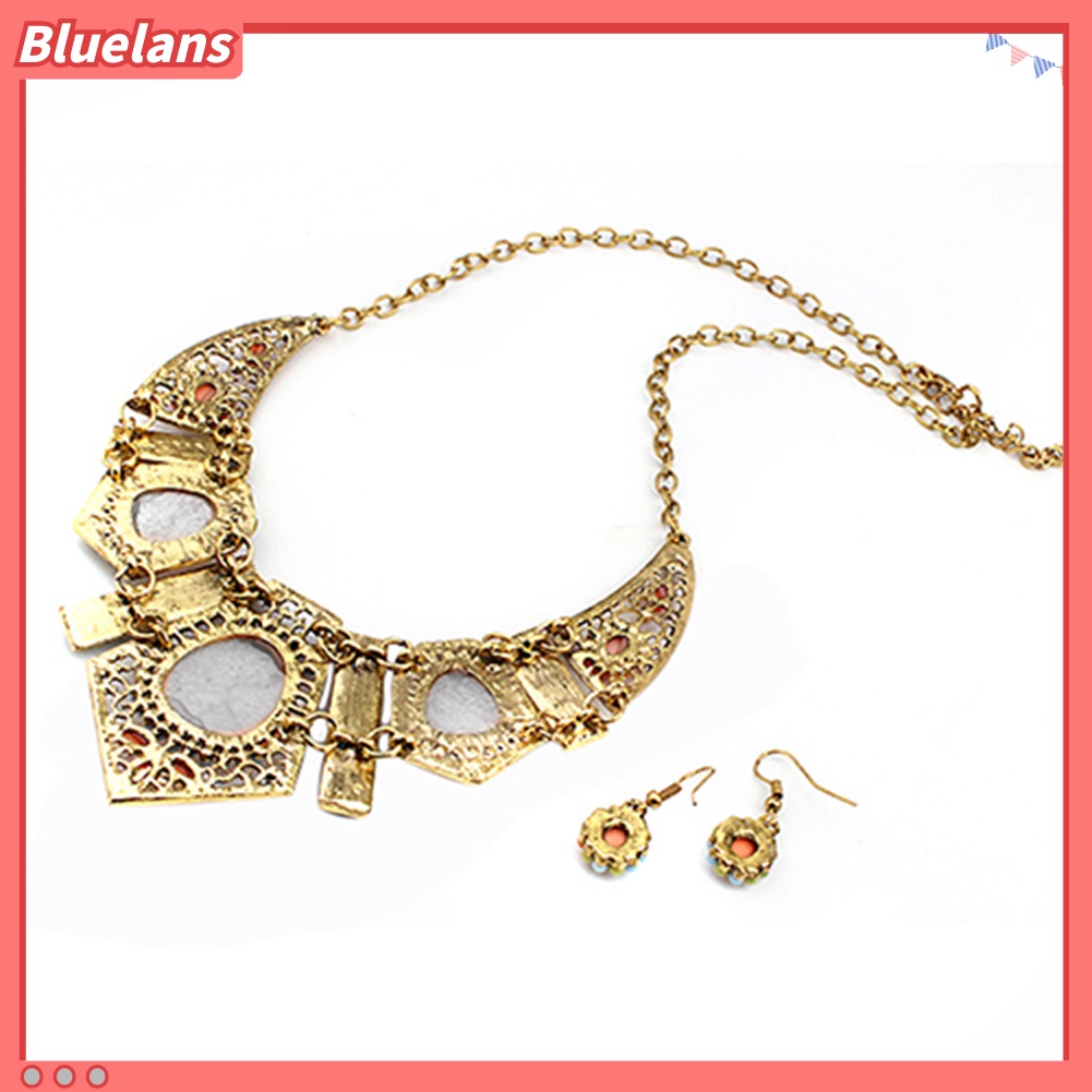 Bluelans Women Boho Colorful Hollow Statement Chain Choker Necklace Hook Earrings Set