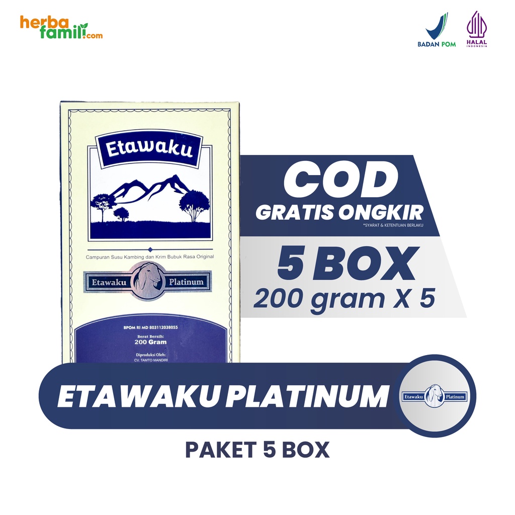 

Etawaku Platinum Paket 5 Box Susu Kambing Etawa Bubuk Mengatasi Masalah Pernafasan Asma Batuk Tulang dan Nyeri Sendi Isi 200 gram