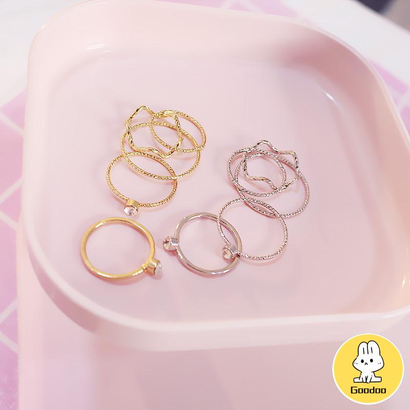 5Pcs / Set Cincin Jari Aneka Bentuk Warna Silver Untuk Wanita -Doo