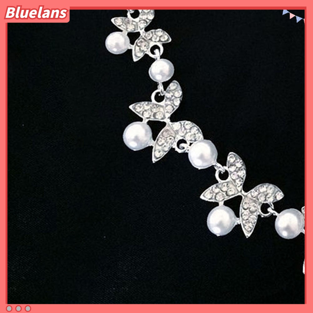 Set Perhiasan Kalung Anting Stud Rantai Mutiara Berlian Imitasi Untuk Pengantin Wanita
