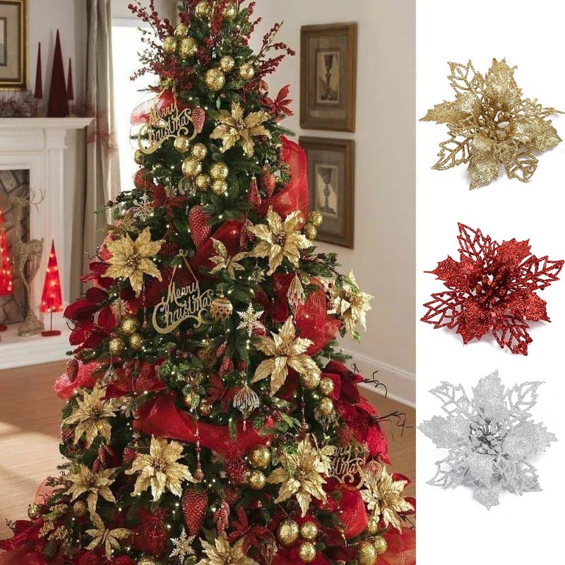 Hollow Christmas Flower Xmas Pohon Ornamen Produk Natal Bunga Buatan Warna-Warni Dengan Glitter Dekorasi Pesta Festival Musim Semi