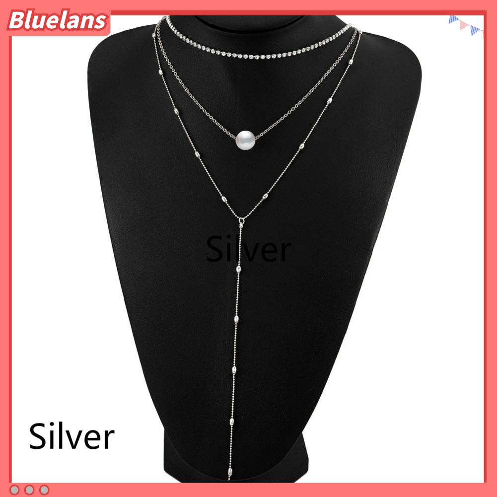 Kalung Choker Rantai Multilayer Hias Mutiara Berlian Imitasi Untuk Wanita