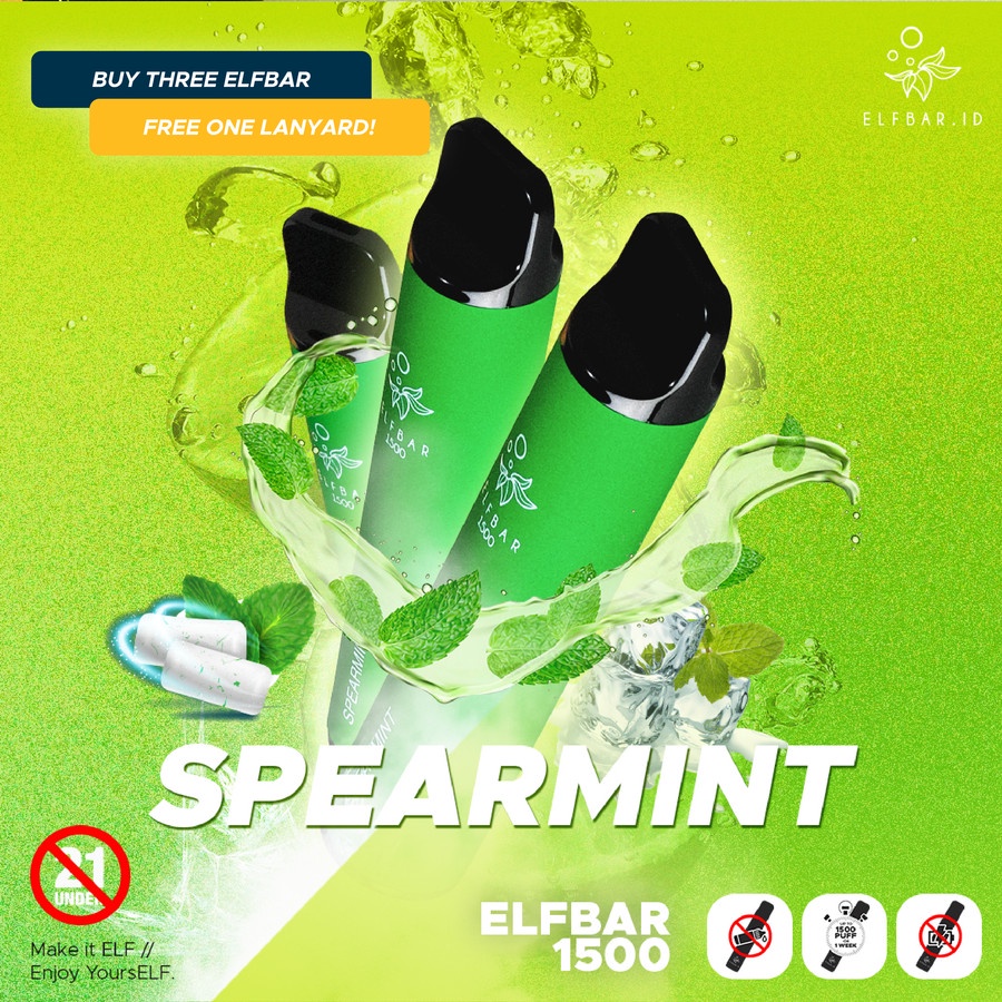 ELFBAR 1500 Puffs Spearmint Mint Menthol Plus | ELF BAR 1500 Disposable Pod | Vape Sekali Pakai Arief Muhammad | Best Disposable Pods Indonesia | RELX ViFX Gippro FNF Puff