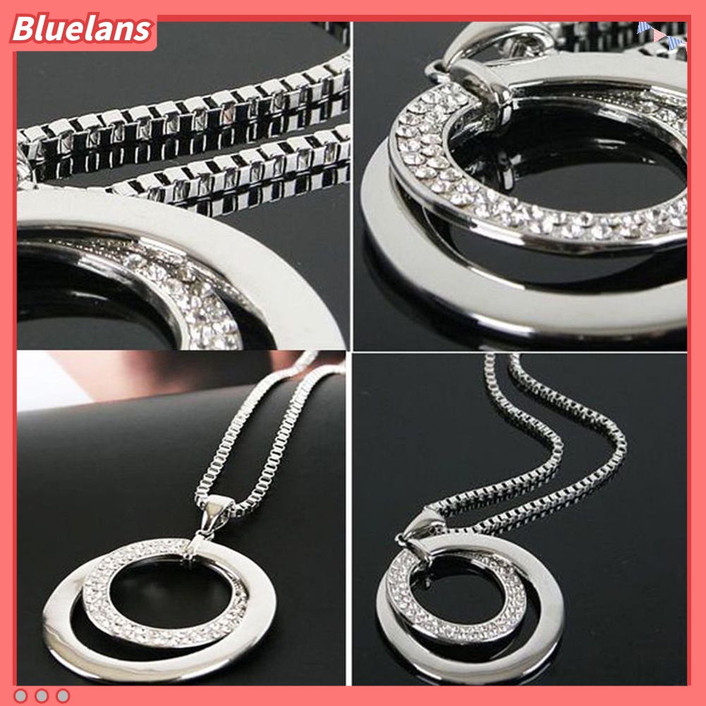 Bluelans Women Fashion Double Circles Rhinestone Inlaid Long Chain Necklace Jewelry Gift