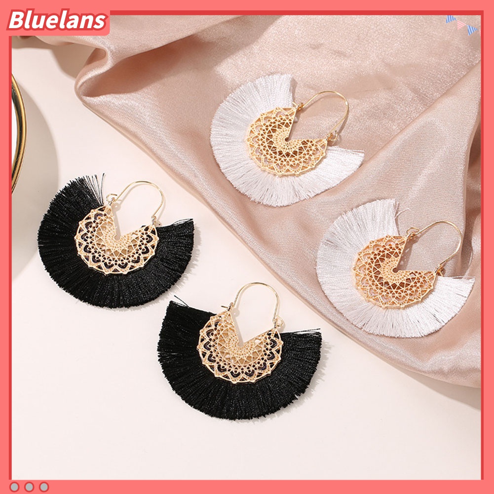 Anting Hoop Rumbai Bentuk Kipas Motif Bunga Gaya Bohemian Untuk Wanita